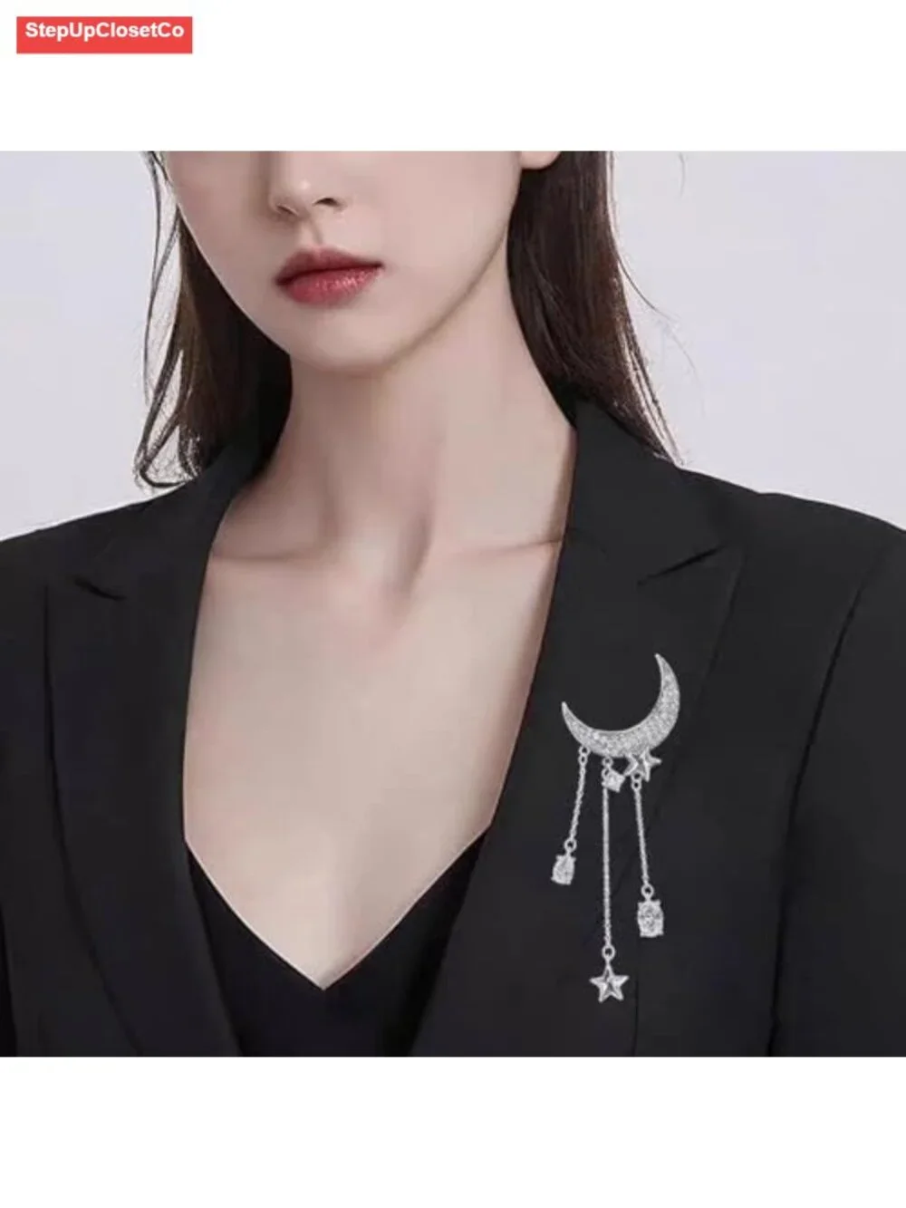Moon Star Tassel Chain Brooch with Cubic Zirconia Rhinestones | Wedding